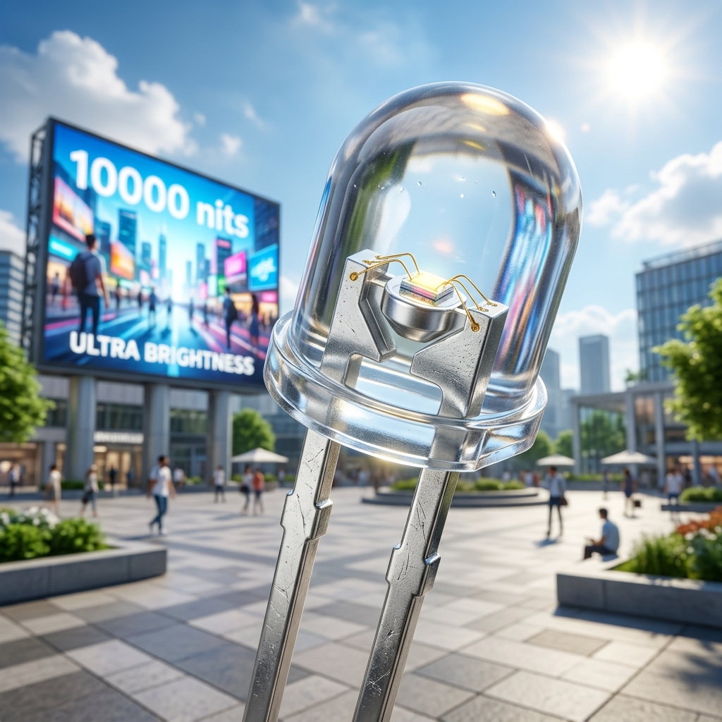 DIP灯泡高清特写及其在烈日下户外大屏中的应用，彰显其10000 nits亮度和极致防护能力。