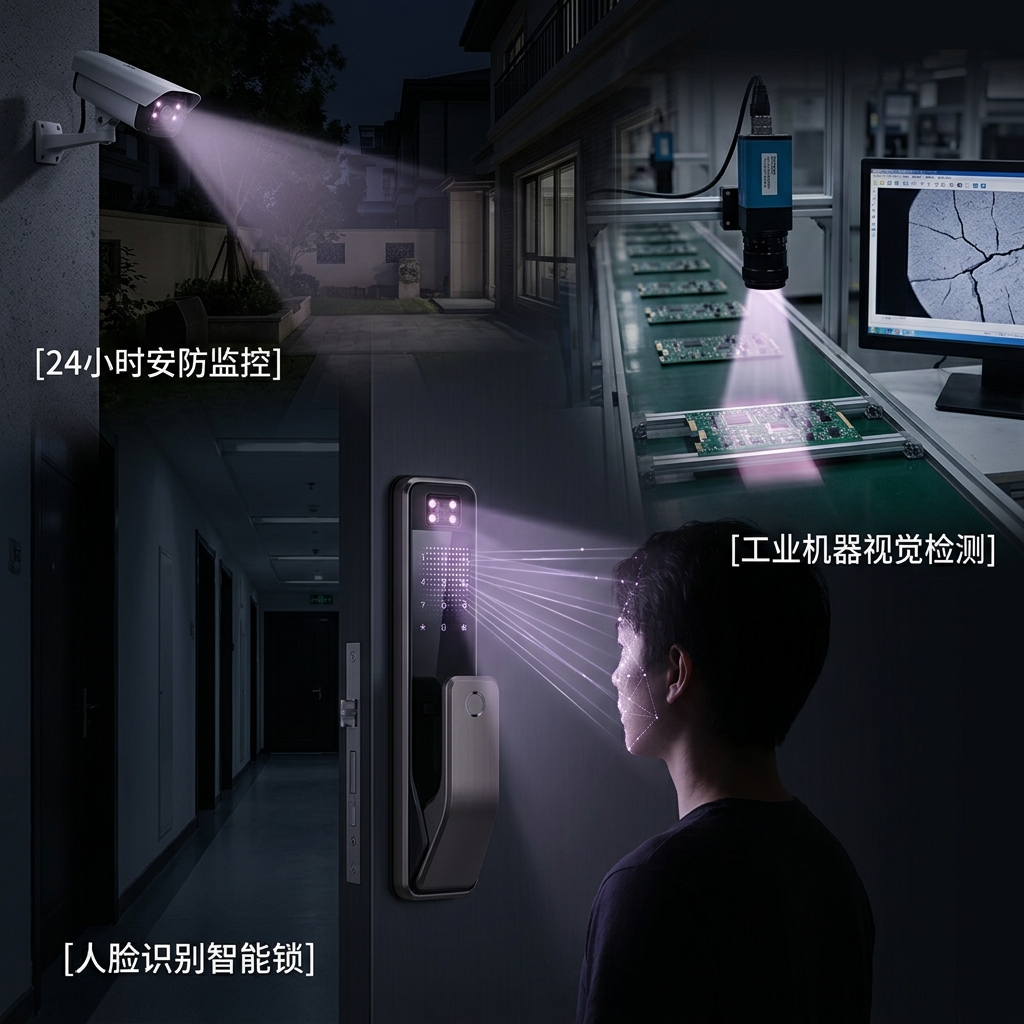 3535红外灯珠在实际生活中的应用场景合辑，包括人脸识别智能锁、24小时安防监控摄像头以及工业机器视觉检测电路板瑕疵的示意图。
