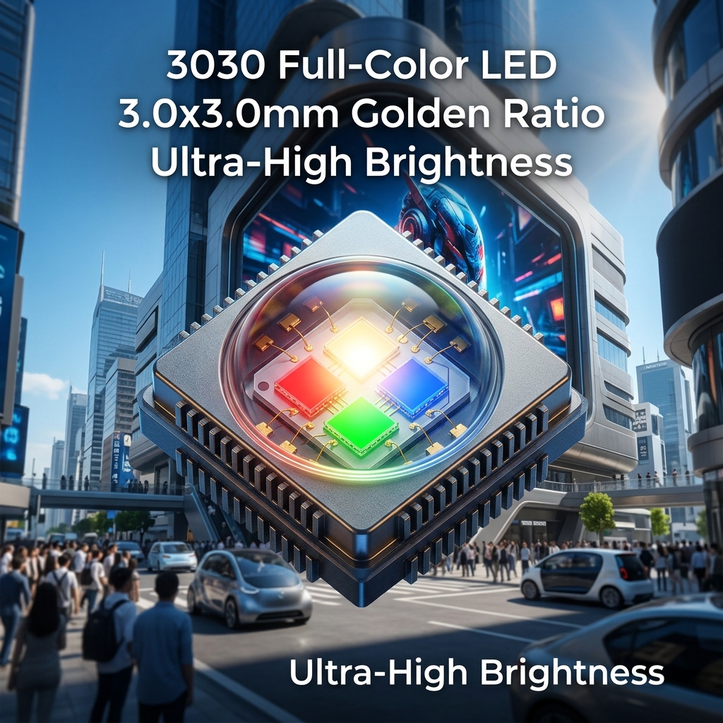 3030全彩LED微距特写，展示其3.0x3.0mm的黄金比例封装与内部RGB芯片，背景为高亮抗UV的户外裸眼3D大屏，强调产品在高亮抗UV与精准混色方面的优势。