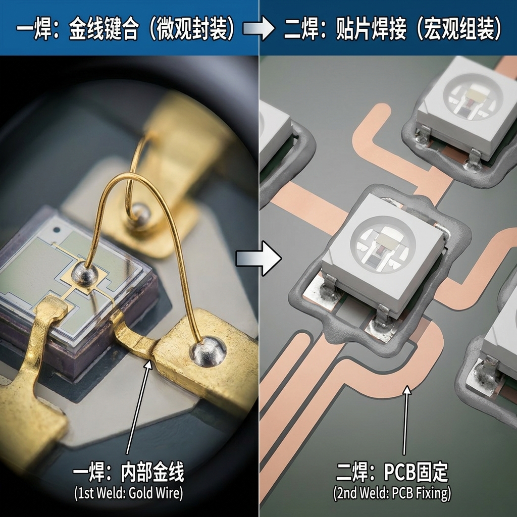 LED一焊（金线键合）与二焊（贴片焊接）的对比解析图，展示LED制造组装的微观与宏观过程