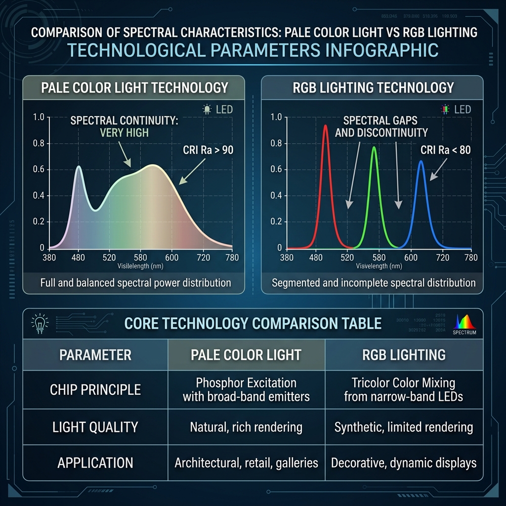 淡彩光与RGB照明技术光谱对比图，展示淡彩光的连续光谱和高CRI，以及RGB灯的三原色断层光谱