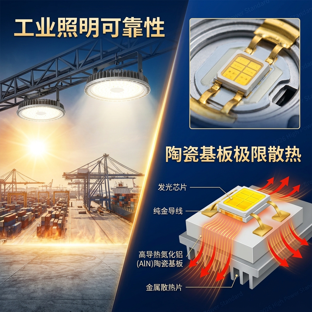 工业场景下的高功率照明挑战与陶瓷灯珠内部结构：画面左侧展示高温工业港口或厂房中运行的高功率照明灯具，右侧微距剖面图揭示陶瓷灯珠内部高导热氮化铝(AlN)基板、纯金导线及芯片如何高效散热，确保工业照明可靠性并符合2026年高功率标准。