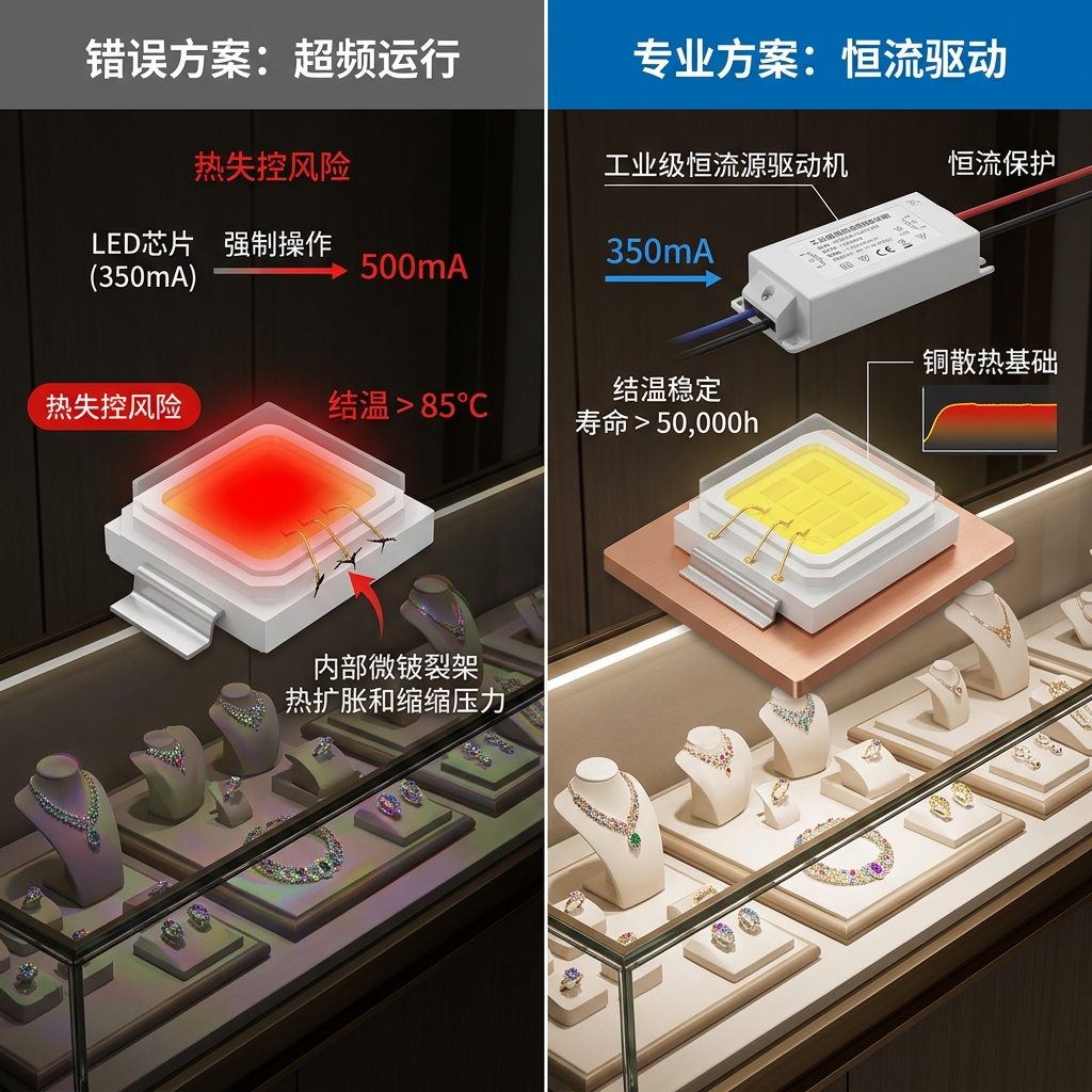 商业展陈照明痛点对比图：左侧为超频运行导致芯片结温过高、光衰色偏的错误方案；右侧为恒流驱动配合散热确保芯片稳定、亮度纯净的专业方案，背景为珠宝展柜