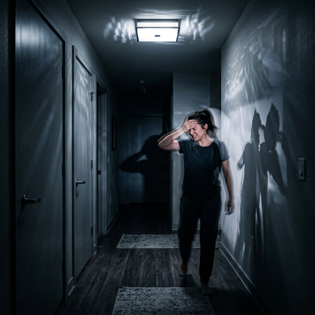 夜晚昏暗走廊中，LED感应灯正在高频闪烁，导致一名住户感到不适，直观展现了文章开篇描述的LED灯闪烁问题。