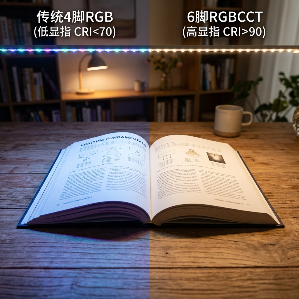 传统4脚RGB与6脚RGBCCT灯条照明效果对比图，左侧显示4脚灯条发出的泛蓝低显指伪白光，右侧显示6脚RGBCCT灯条发出的高显指自然暖白光，清晰对比了不同灯条在阅读环境下的色彩还原与视觉舒适度差异。