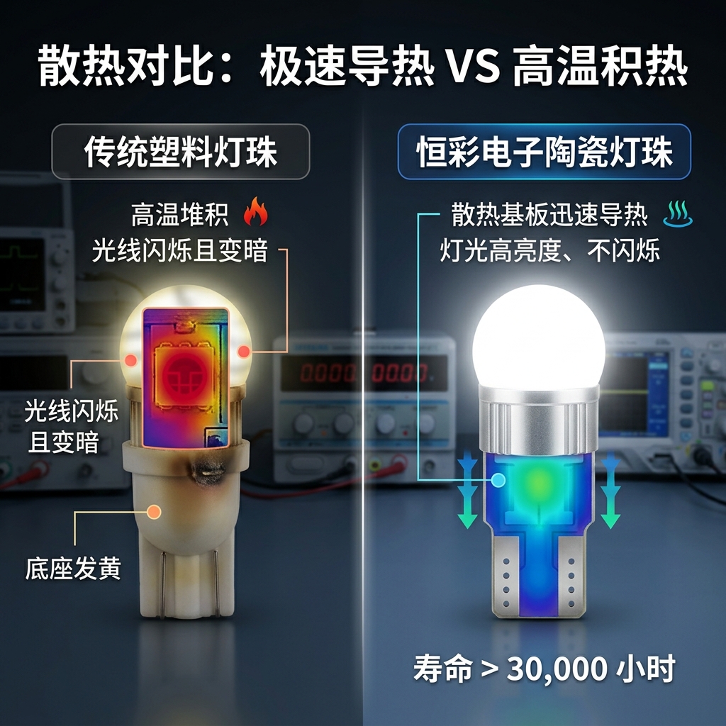 陶瓷灯珠与传统塑料灯珠的散热和光衰对比图，展示陶瓷灯珠极速导热、光线稳定、寿命超长的优势，以及塑料灯珠高温发黄、光衰严重的缺点。