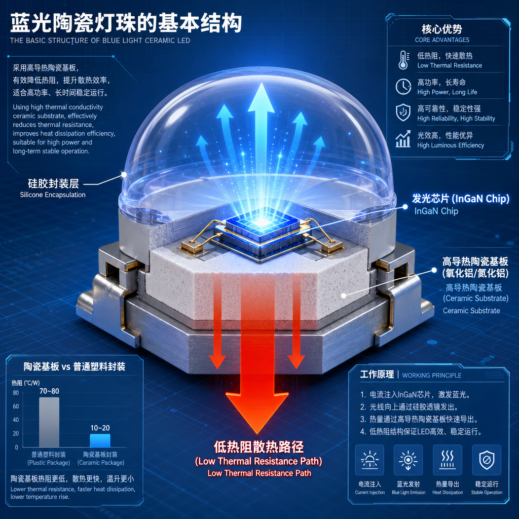 蓝光陶瓷灯珠的内部结构剖面图，清晰展示InGaN发光芯片、高导热陶瓷基板以及热量导出路径，解释其散热优势。