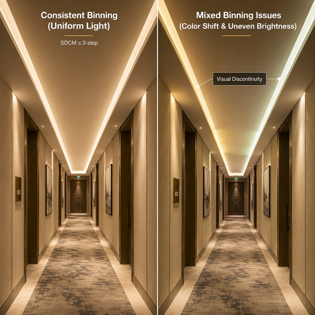 一张对比图，左侧展示同一Bin供货的酒店走廊灯带光色均匀一致，右侧展示LED混Bin后灯带出现明显色差、分段和亮度不均。