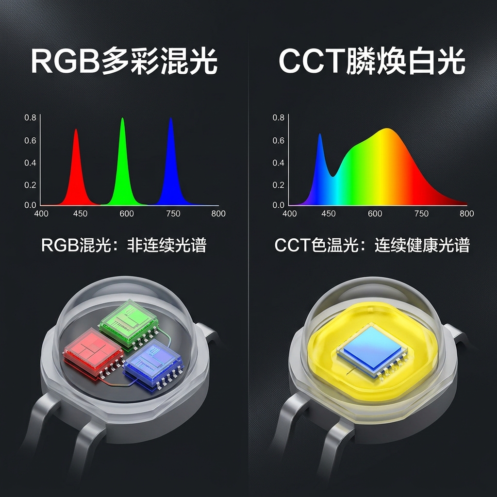 RGB灯与CCT灯发光原理及光谱对比图,左侧显示RGB三基色混光非连续光谱,右侧显示CCT蓝光激发荧光粉生成连续健康光谱。