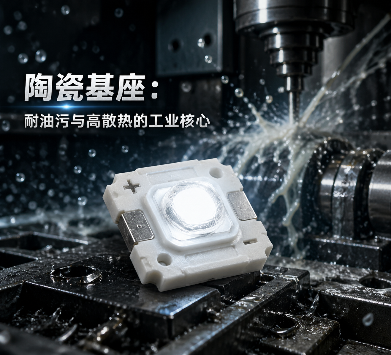 一张特写镜头下的陶瓷基座LED灯珠，在飞溅的切削液和金属碎屑的CNC机床内部发出稳定白光，展现其耐油污与高散热的工业核心特性。