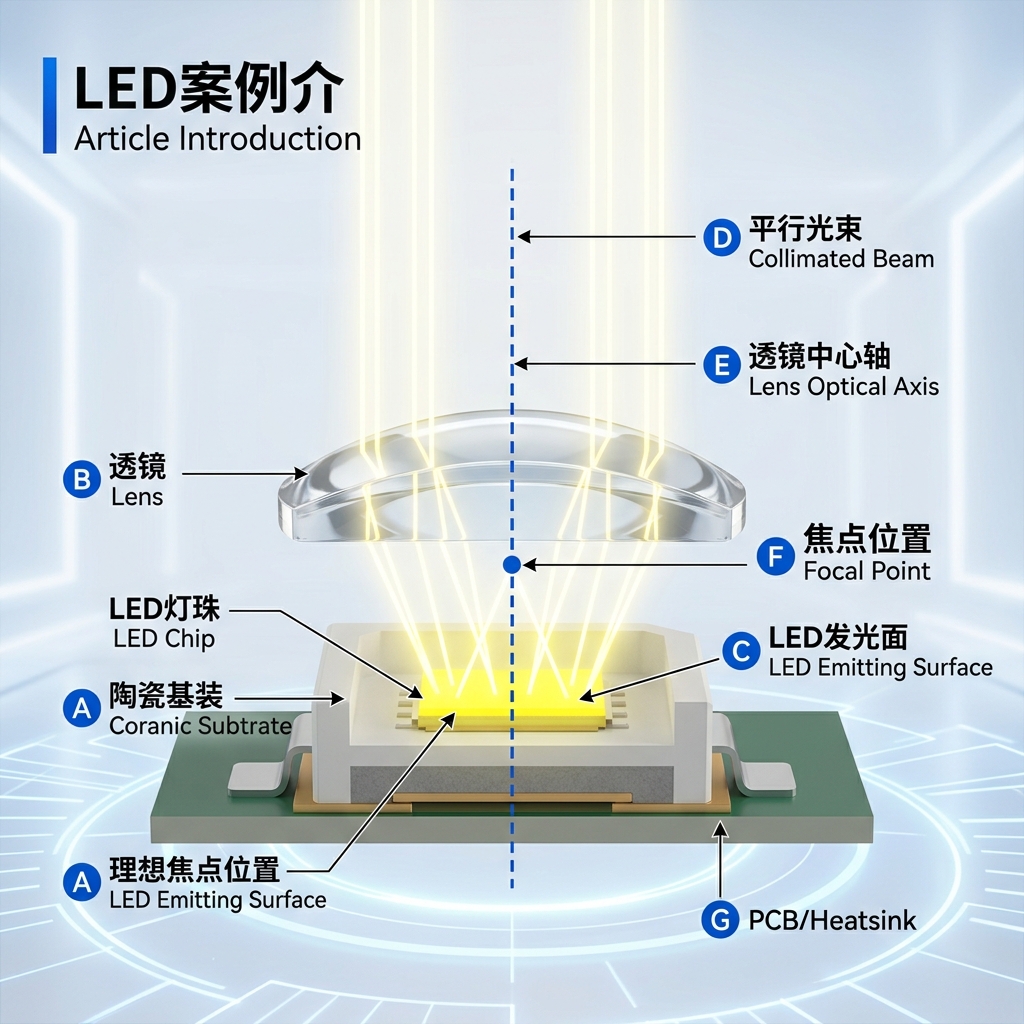 透镜与LED灯珠焦点位置示意图，展示LED发光面、透镜和理想焦点，以及光线经过透镜后的聚光路径
