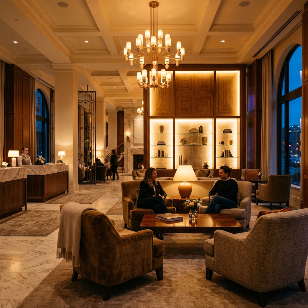 高档酒店大堂或豪华家居客厅，暖白光营造温馨舒适的奢华氛围