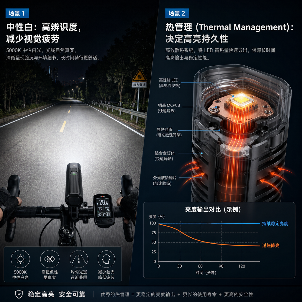 手电筒光型与散热的实际应用图解。夜间骑行者视角展示中性白光的均匀铺路效果，以及手电筒内部热量通过热管理系统有效散出的过程