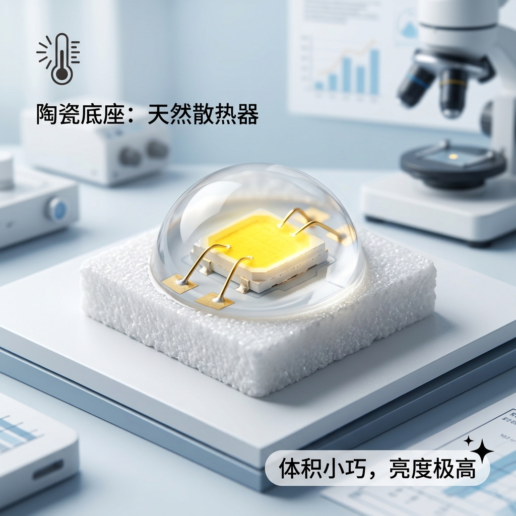 小功率陶瓷灯珠的微观特写,展示其白色陶瓷底座作为天然散热器,以及小巧的体积和高亮度,体现其精密封装工艺。