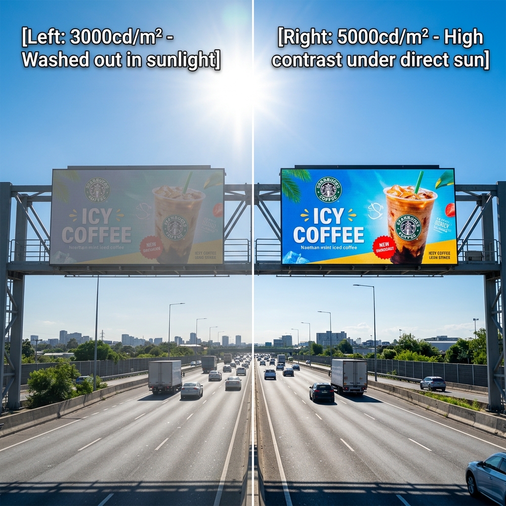 高速公路高炮广告牌在正午强光下的显示效果对比：亮度低于3000cd/m²时画面发灰，亮度高于5000cd/m²时画面清晰高对比