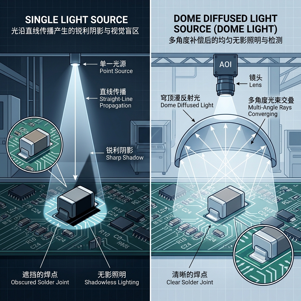 对比图显示单一光源在AOI检测中产生锐利阴影，而穹顶漫反射光源则实现无影检测，解决直线传播的视觉盲区。