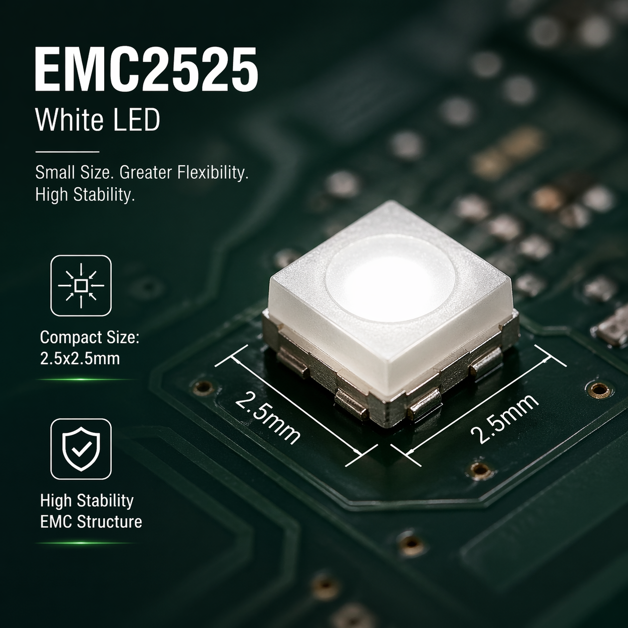 EMC2525白光LED灯珠微距特写，展示其2.5x2.5mm紧凑尺寸和高稳定性EMC封装结构