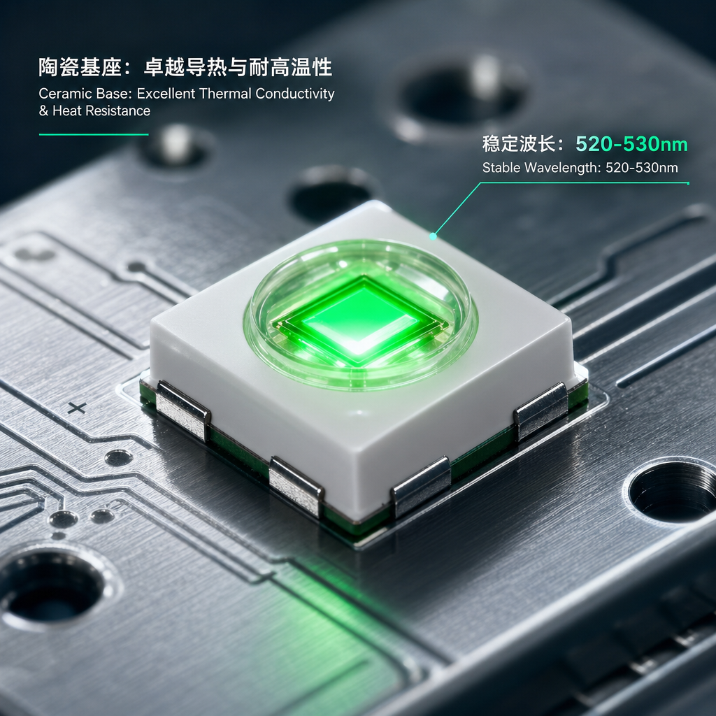 特写展示一颗绿光陶瓷灯珠，其洁白陶瓷基座提供卓越的导热与耐高温性，发出稳定波长520-530nm的纯净绿光，背景为铝基电路板。