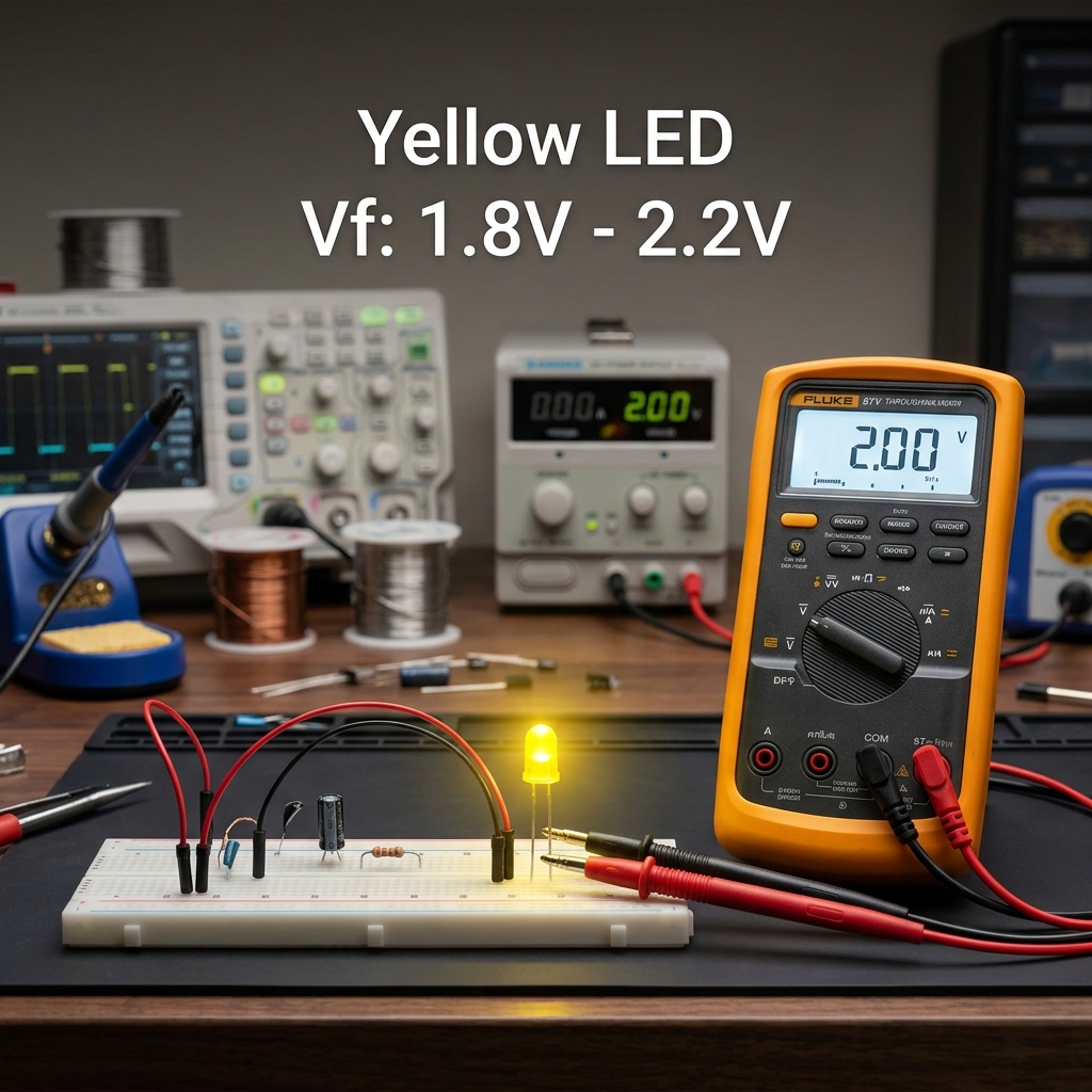 电子工程实验室中，数字万用表显示黄光LED正向电压为2.00V，印证其1.8V-2.2V的典型电压范围。