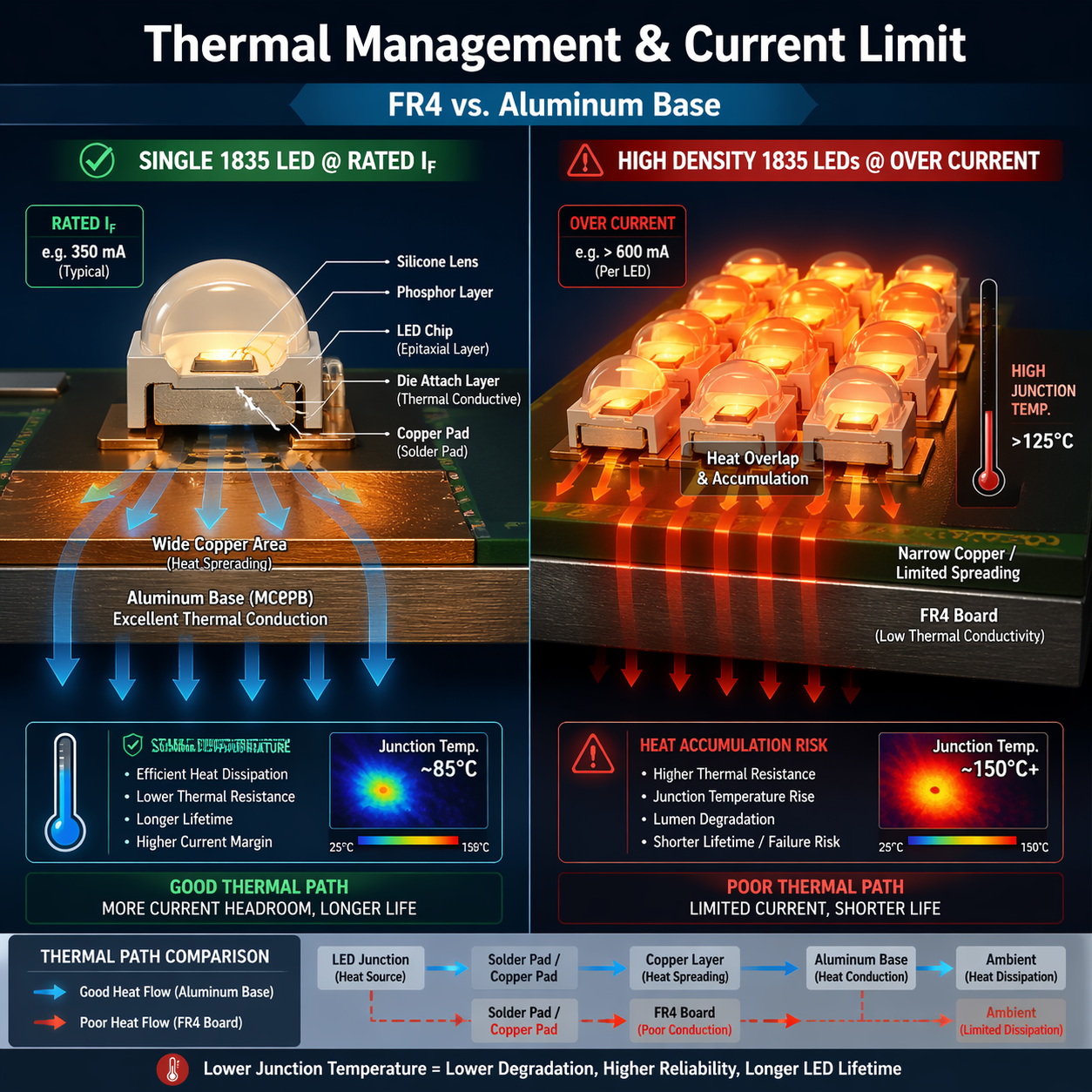 1835 LED在PCB板上的散热路径对比示意图：左侧展示额定电流下结温受控，右侧展示高密度排布和过大电流导致热堆积风险，强调散热管理和电流限制的重要性。