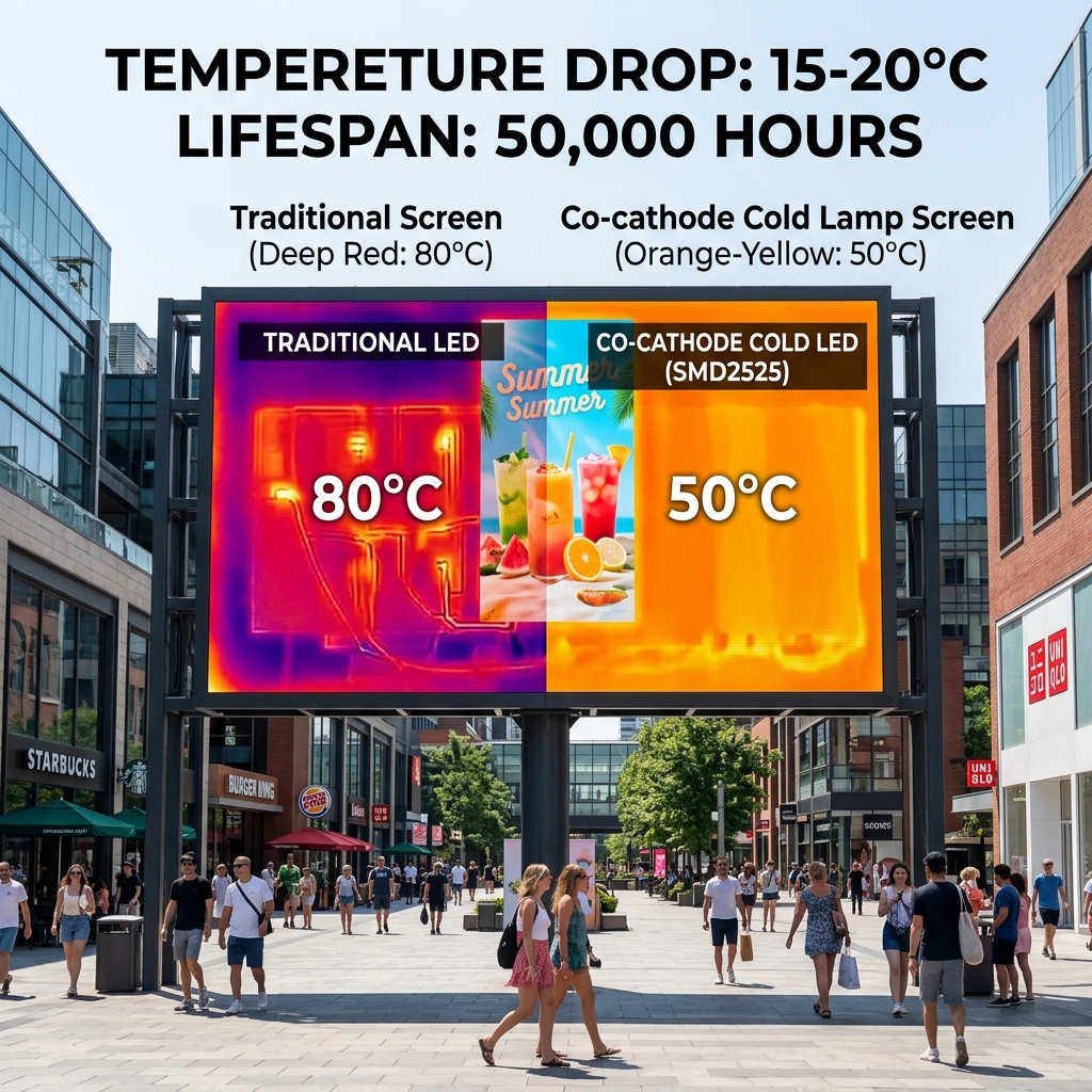 户外高清P4大屏在高温环境下的热管理效果对比，传统屏幕温度高达80℃，而采用smd2525共阴冷灯的屏幕温度降至50℃，显示卓越的温控性能和更长的使用寿命