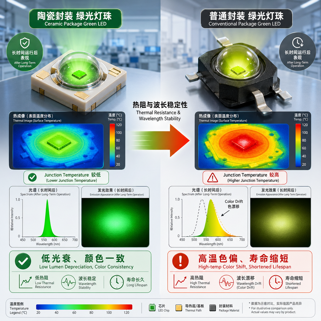 对比图展示绿光灯珠普通封装与陶瓷封装在长期运行后的差异：陶瓷封装光衰低、颜色一致，而普通封装易出现高温色偏、寿命缩短，突出热阻与波长稳定性。