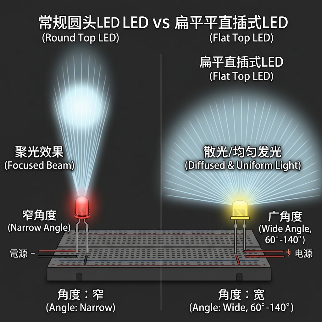 扁平直插式LED灯珠与普通圆头LED灯珠的发光角度及光线分布对比示意图