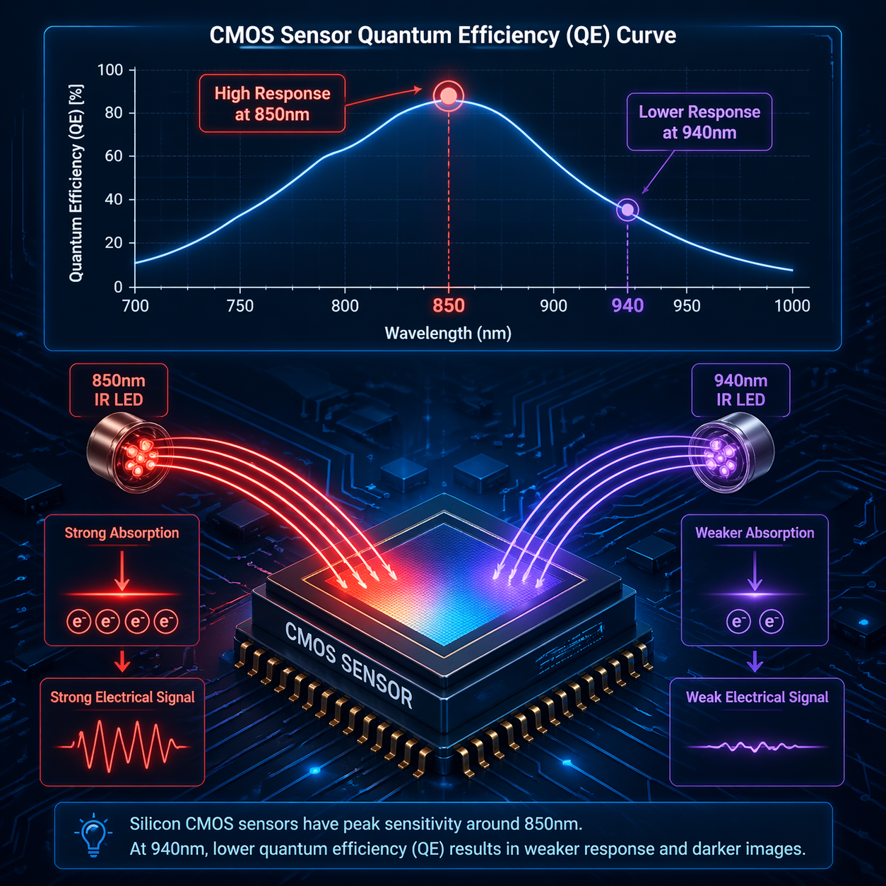 CMOS传感器对不同波长红外光的响应曲线图，解释940nm成像较暗的原因