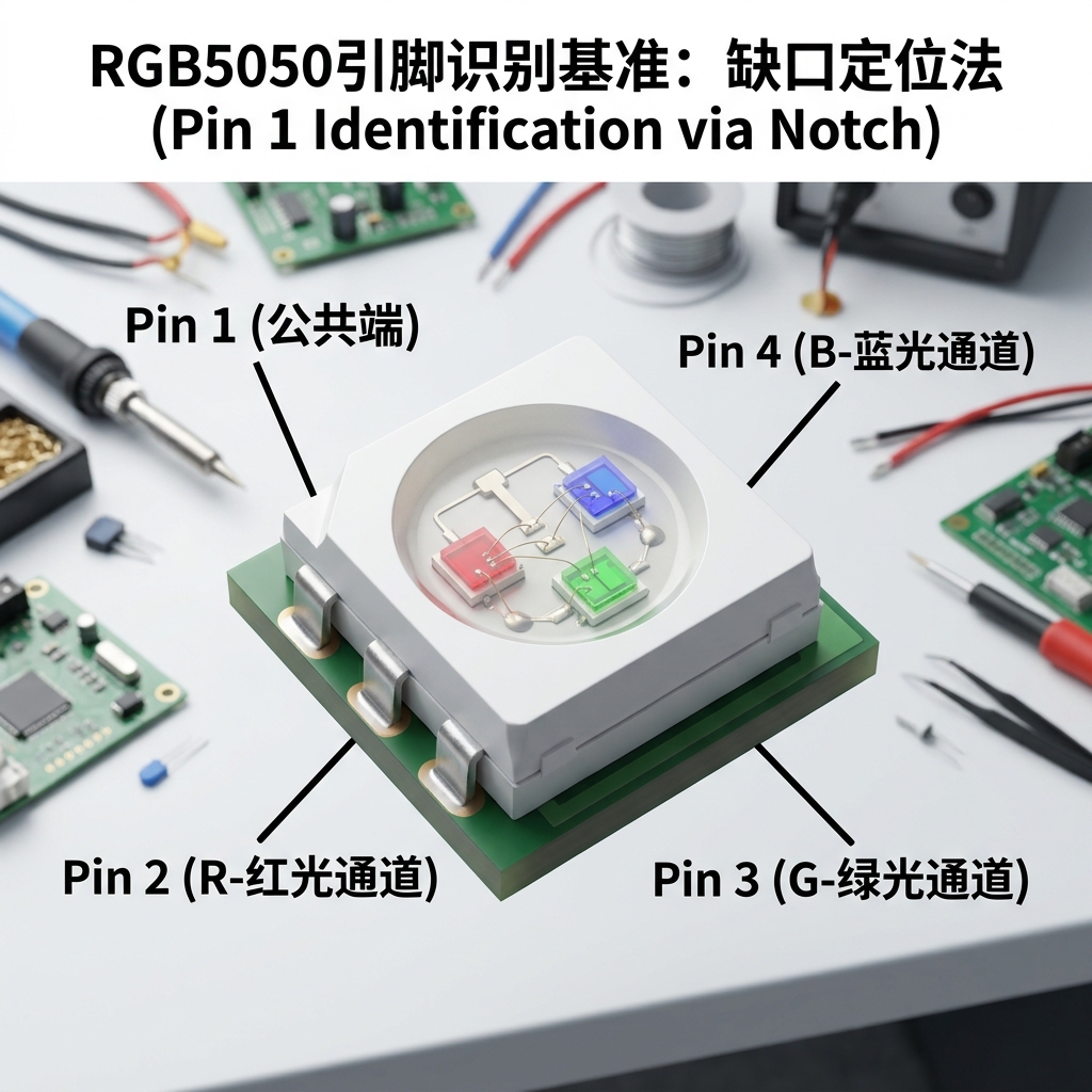 RGB5050灯珠物理结构示意图，通过左上角斜切缺口标识Pin 1（公共端），并逆时针依次显示红光（R）、绿光（G）、蓝光（B）通道的引脚顺序。
