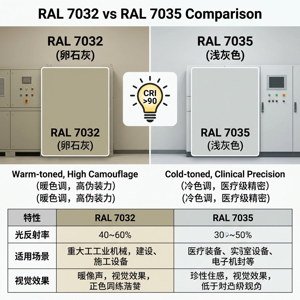 RAL 7032卵石灰与RAL 7035浅灰色对比示意图，突显两者色调、光反射率及应用场景的差异