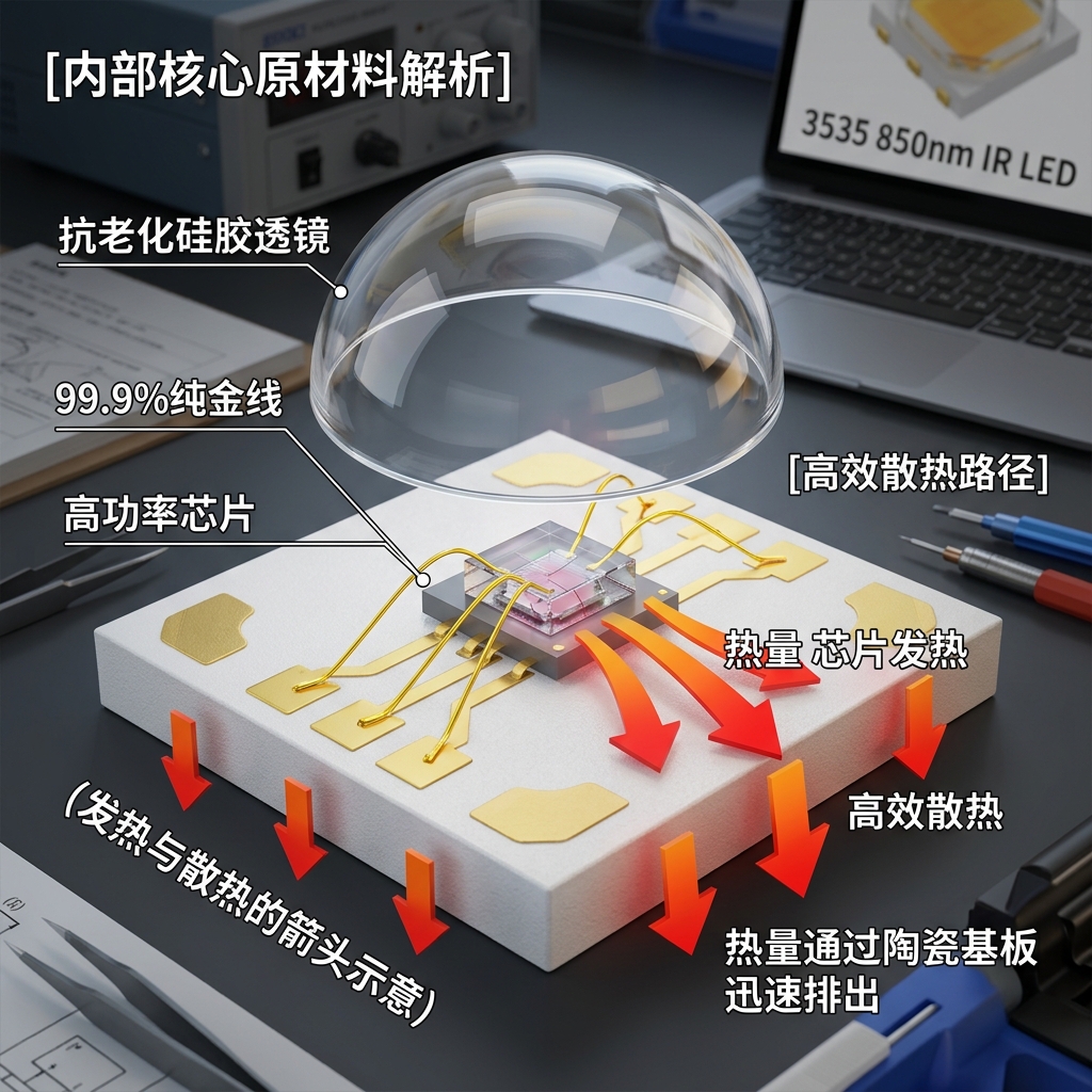 3535红外灯珠的内部结构拆解图，展示了氮化铝陶瓷基板、高功率芯片、纯金线和抗老化硅胶透镜等核心组件，并示意了高效散热路径。