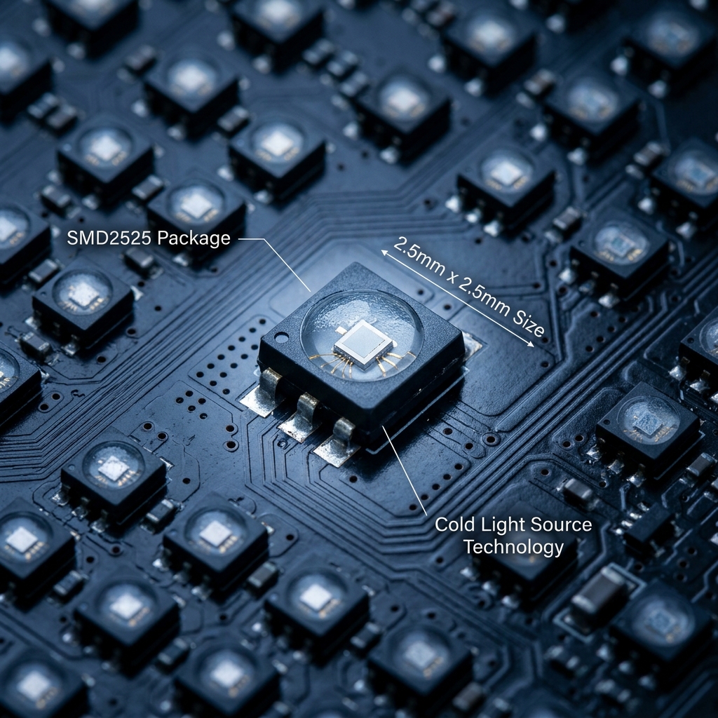 smd2525共阴冷灯封装在PCB板上的特写，展示2.5x2.5mm尺寸和高密度排列，以及冷光源技术特点