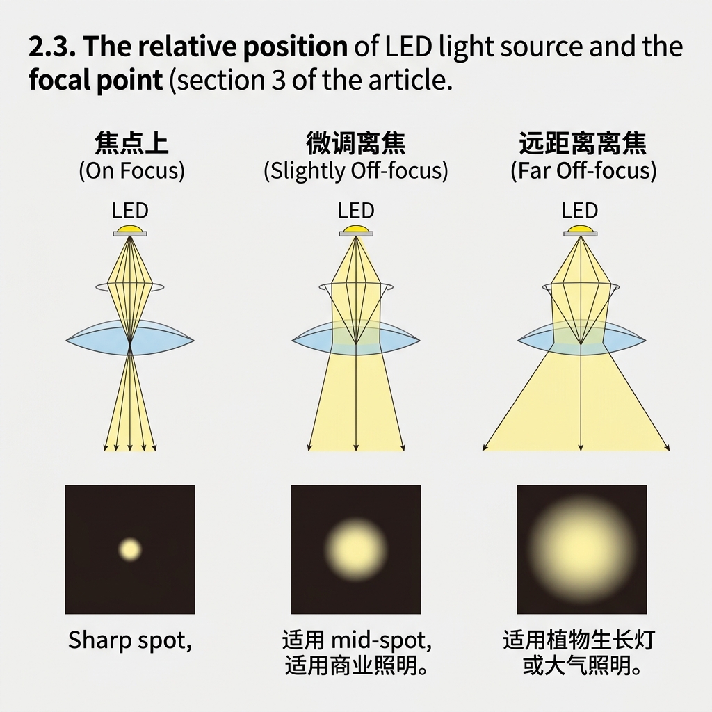 LED灯珠在焦点上、微调离焦和远距离离焦三种状态下的光束角与光斑对比图，展示不同焦点位置对出光效果的影响