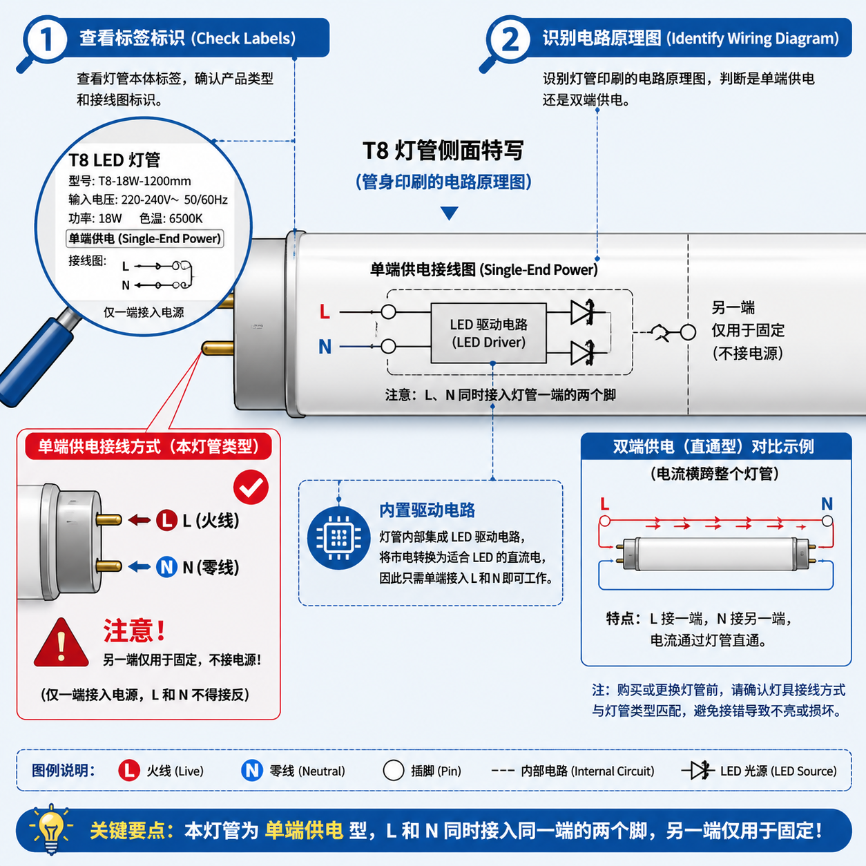 LED灯管本体标签与接线图识别方法，区分单端和多端供电