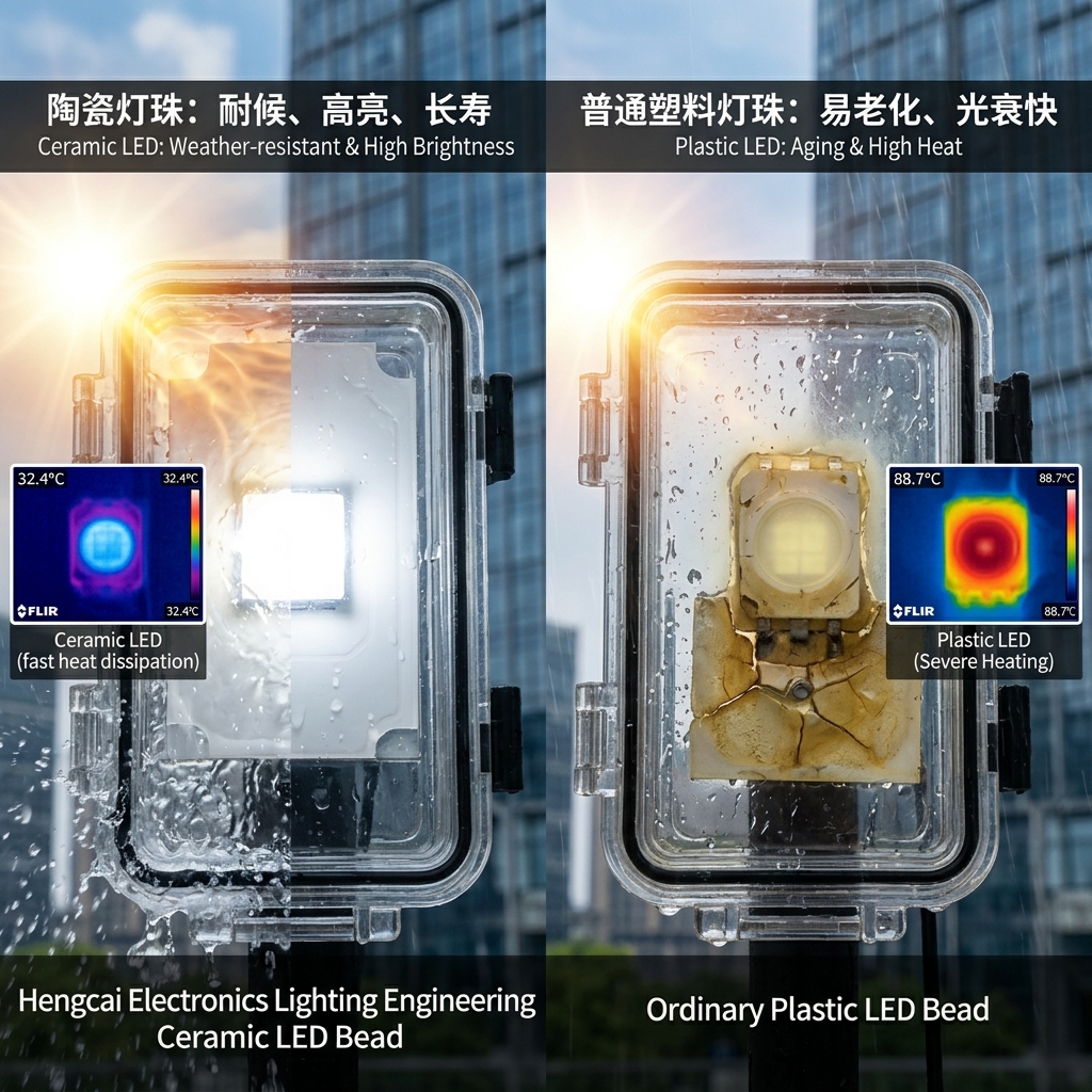亮化工程陶瓷灯珠与普通塑料灯珠在极端户外环境下的性能对比，展示陶瓷灯珠的耐候、高亮和长寿命优势，以及塑料灯珠的易老化和光衰问题。