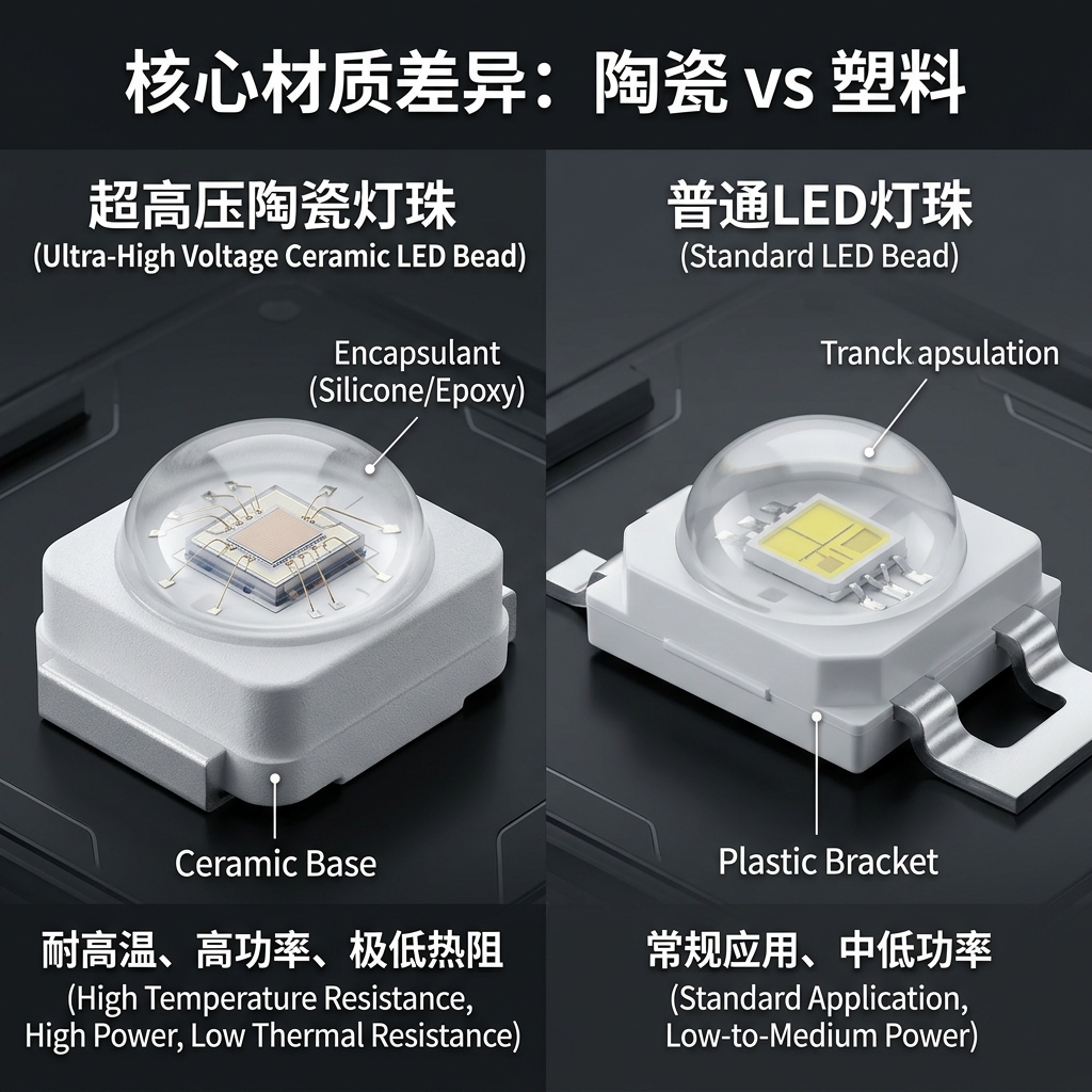 超高压陶瓷灯珠与普通LED灯珠的核心材质对比，展示陶瓷基座的高温高功率优势与塑料支架的常规应用。