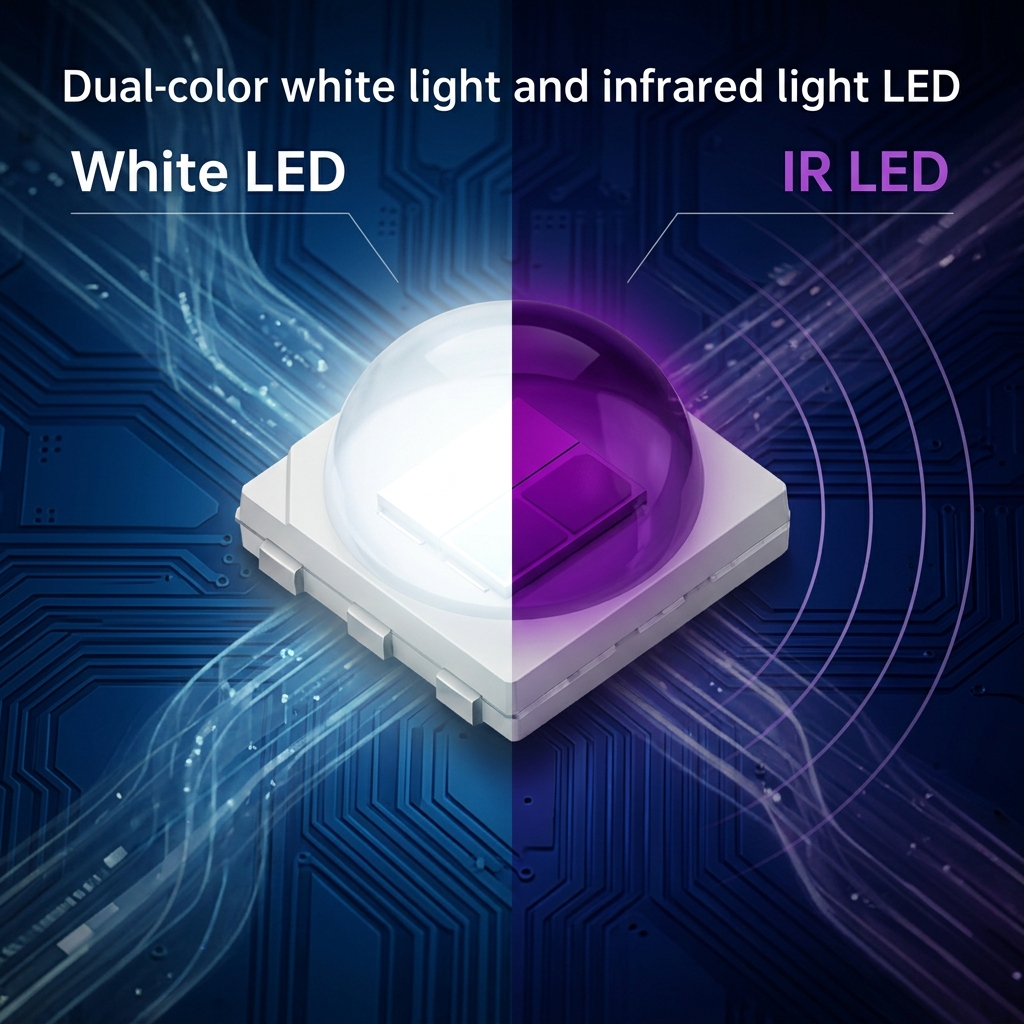 科技感十足的白光与红外光双色灯概念图，展示了单颗LED灯珠内集成白光与红外发光芯片，实现可见照明与不可见夜视补光的双重功能。