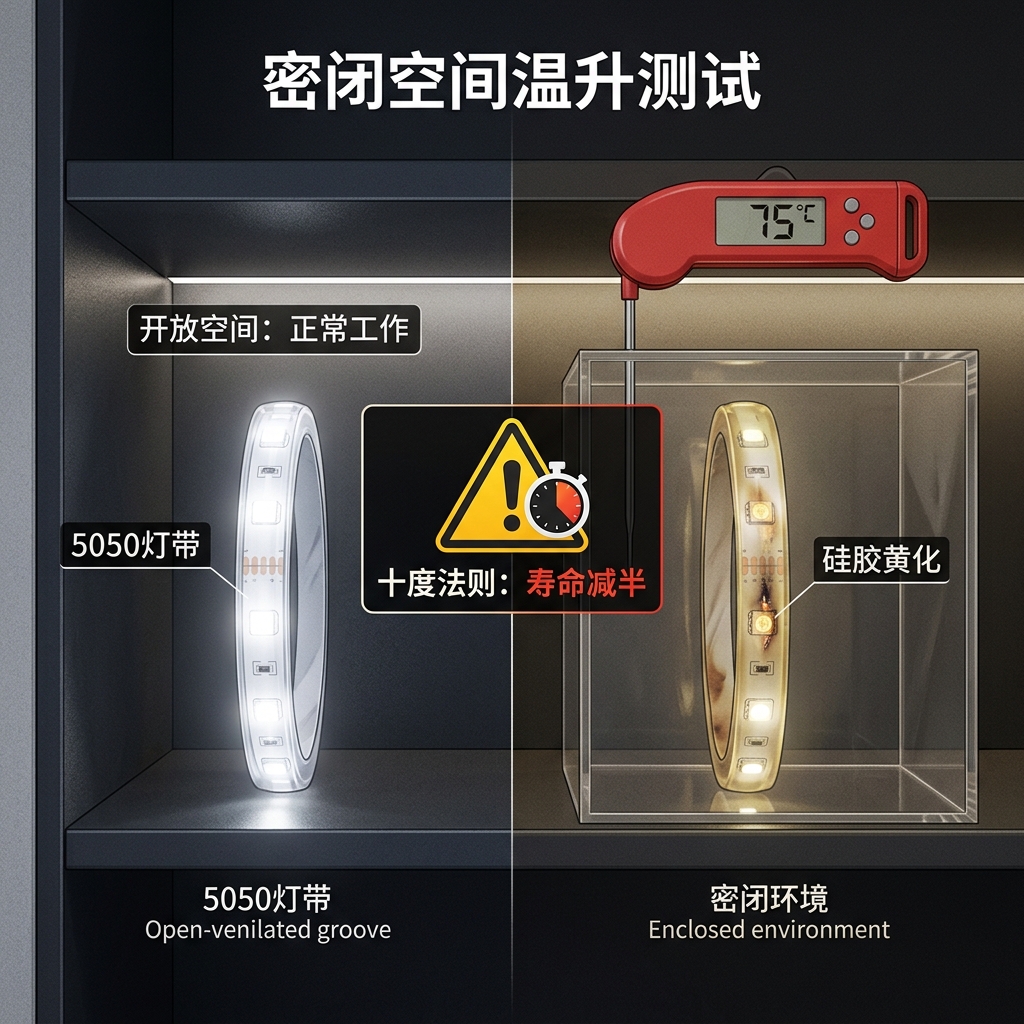 一张对比图展示5050灯带在开放与密闭空间下的温升效应，密闭环境中灯带表面温度飙升至75℃并出现硅胶发黄、光衰，警示LED“十度法则”对寿命的影响。