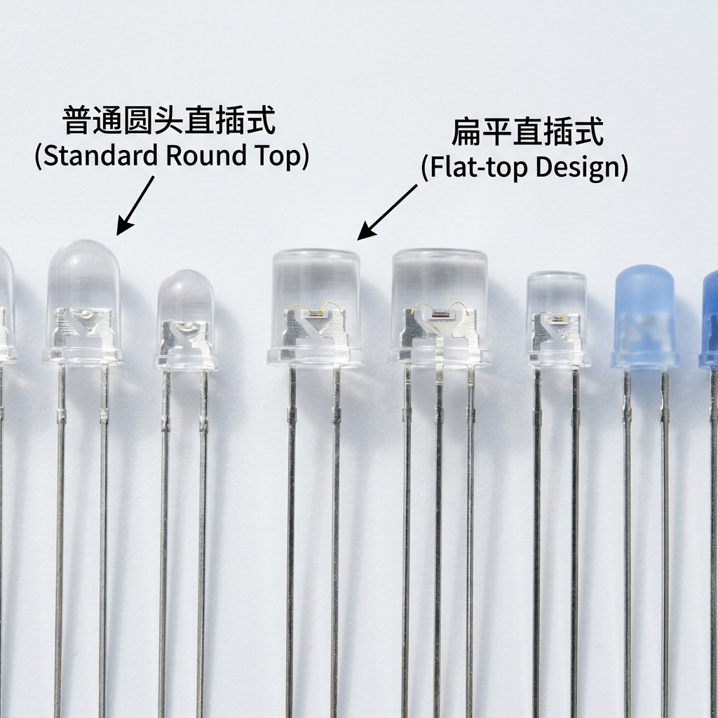 扁平直插式LED灯珠与普通圆头直插LED的外形对比，突出平顶设计