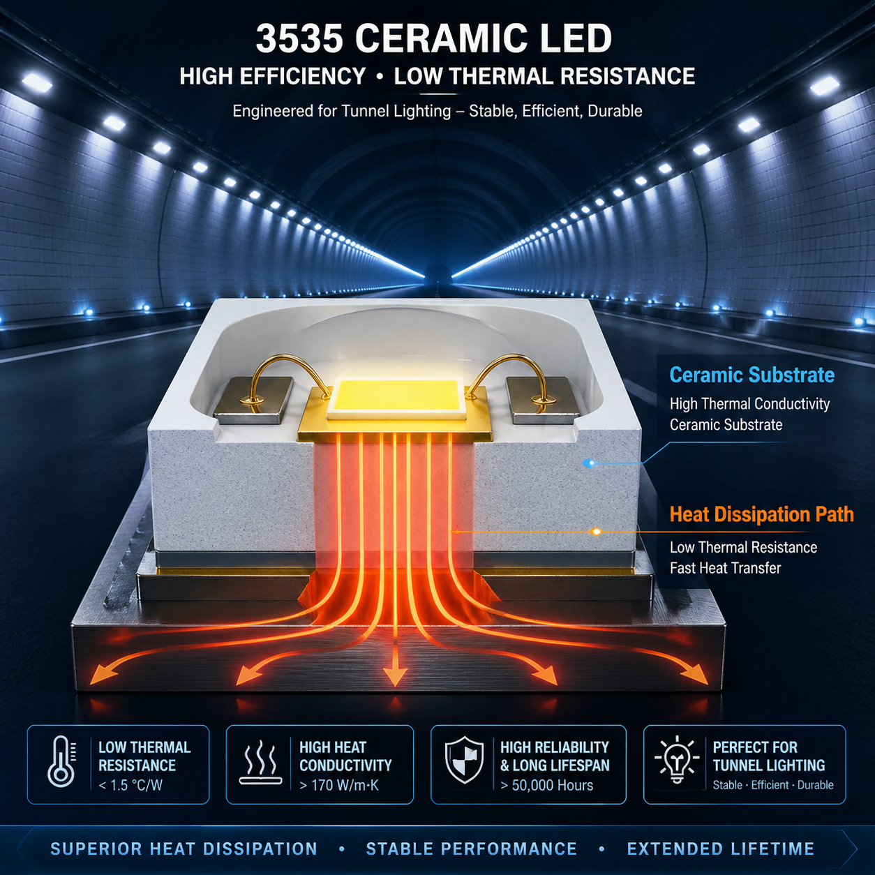 隧道亮化陶瓷灯珠的核心：高导热陶瓷基板与高效散热路径示意图，展现其稳定工作原理