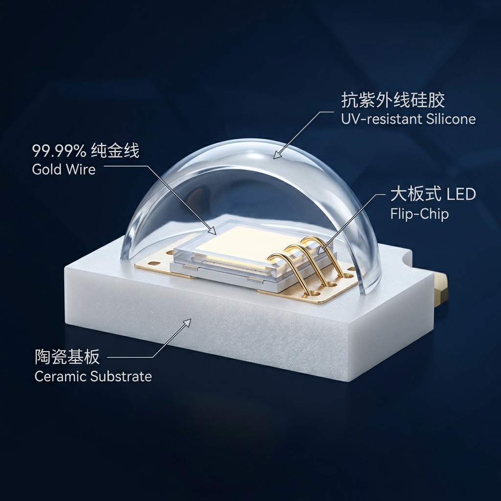 高可靠性陶瓷灯珠内部结构剖面图：展示氮化铝陶瓷基板、发光芯片、99.99%纯金线及抗紫外线特种硅胶。