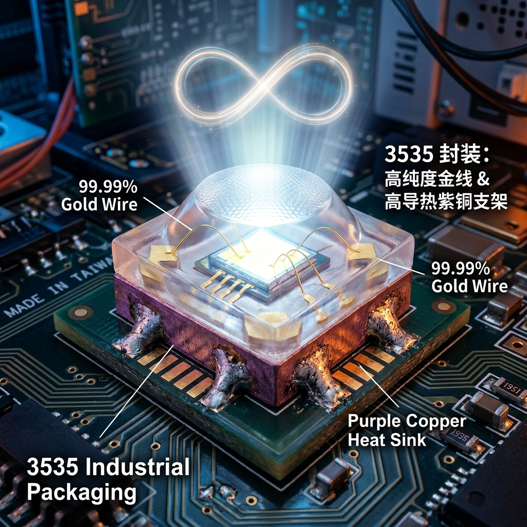 3535封装LED灯珠微距图,展示高纯度金线和高导热紫铜支架,强调工业级可靠性