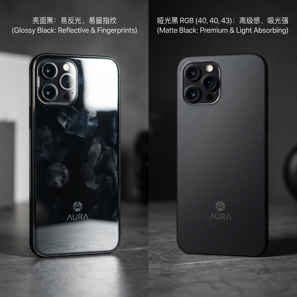 亮面黑手机(左侧,易反光,有指纹)与哑光黑RGB(40, 40, 43)手机(右侧,高级感,吸光强)的视觉对比图,展示哑光黑的防反光和防指纹特性