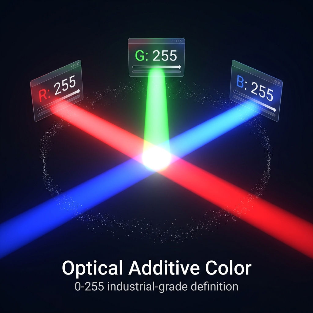 一张高科技插图，展示红、绿、蓝（RGB）三原色光束汇聚叠加产生纯白光，并标示R:255, G:255, B:255的RGB数值，解释光学加色法和0-255参数定义。