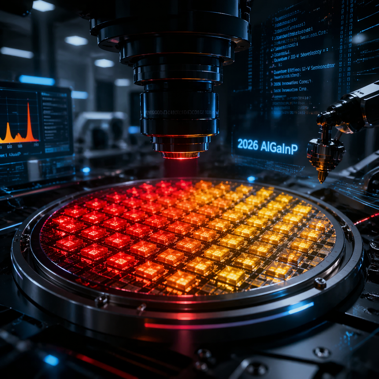 2026年AlGaInP（铝镓铟磷）LED芯片微距，发散红、橙、黄光，展示其作为核心材料路线的未来应用场景和精密技术。