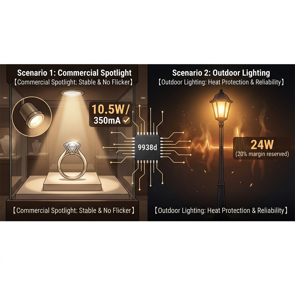 9938d芯片驱动商业射灯(10.5W/350mA)与户外路灯(24W预留余量)的典型应用场景对比,展现稳定无频闪及热保护特性。