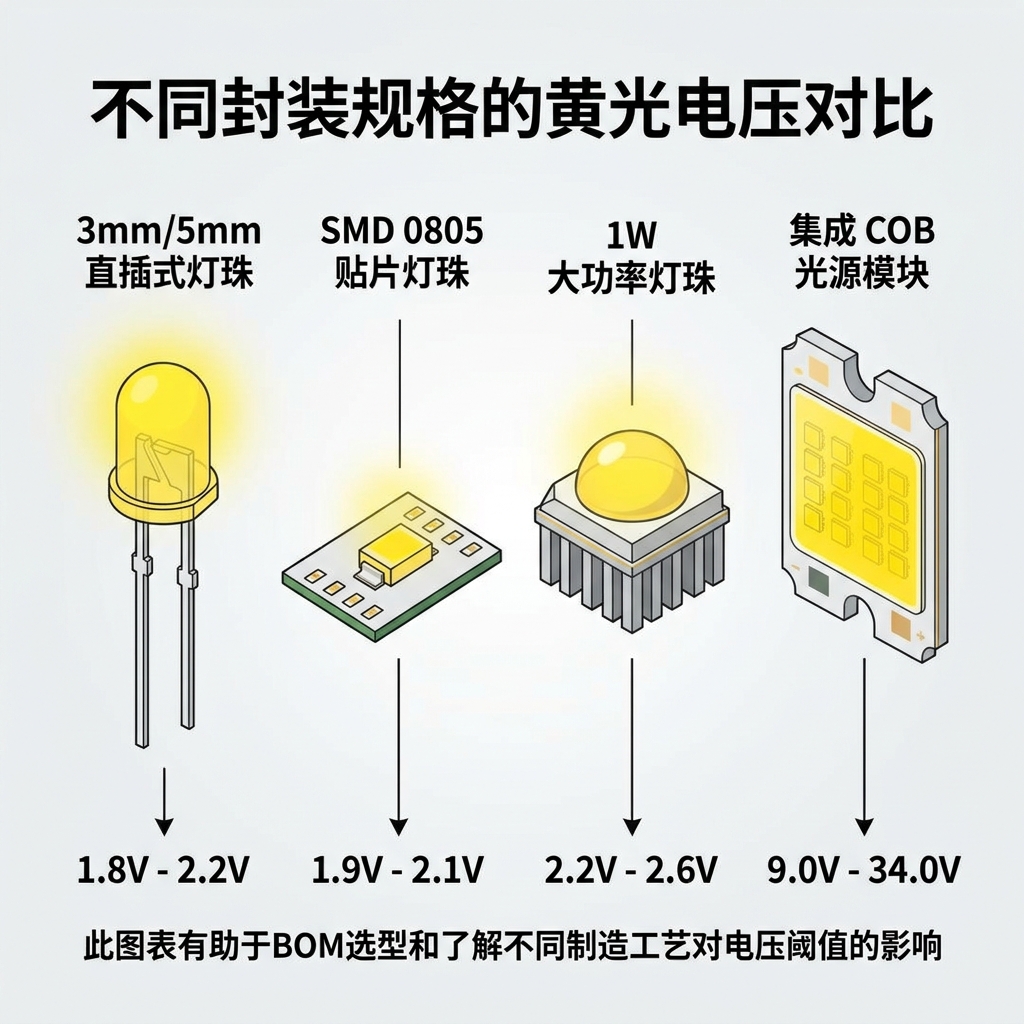 图表对比展示不同封装类型黄光LED的典型正向电压，包括直插式、贴片、大功率和COB模块。