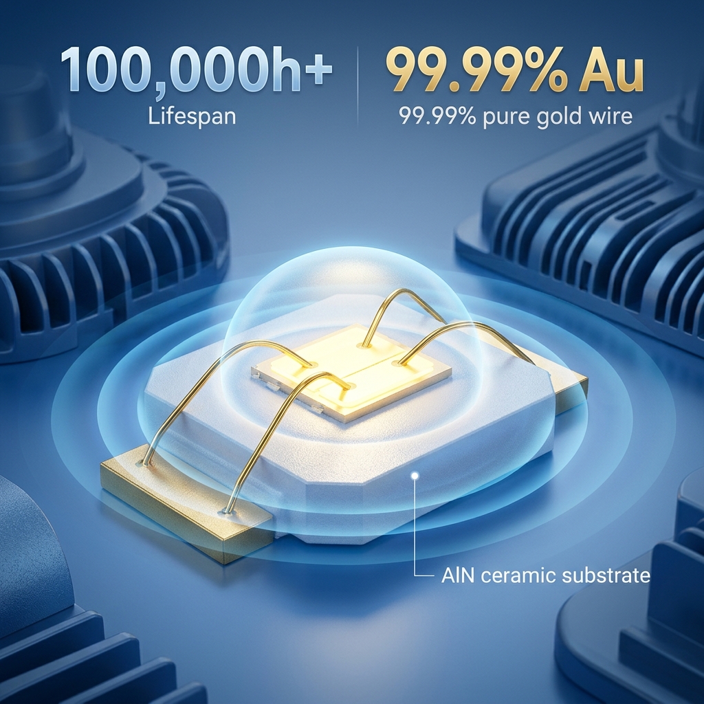 高功率金线陶瓷灯珠微观3D渲染图,展示99.99%纯金线、氮化铝陶瓷基板及散热效果,并标注超10万小时寿命。