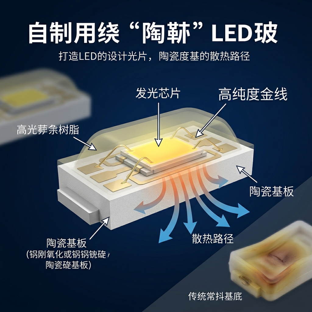 定制陶瓷灯珠内部结构剖析示意图，展示发光芯片、高纯度金线和陶瓷基板，以及热量通过陶瓷基板迅速散发的路径，对比传统塑料底座受热变形的现象。