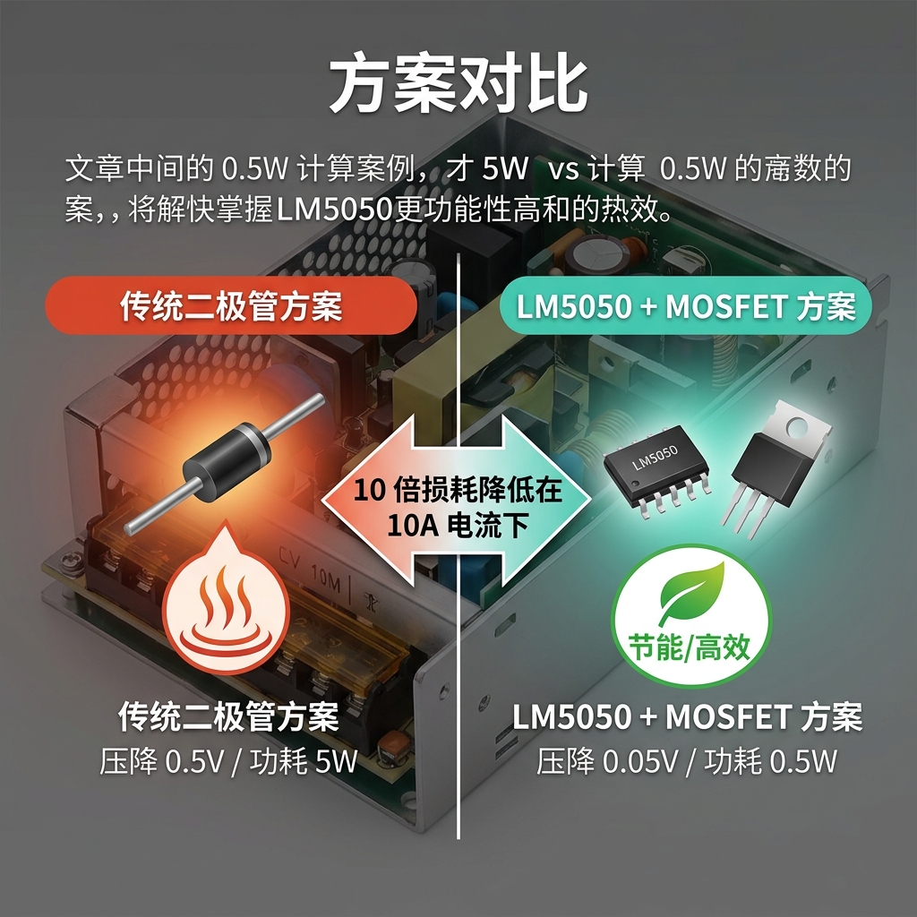 传统二极管方案与LM5050+MOSFET理想二极管方案在10A电流下的功耗对比图，展示LM5050方案如何大幅降低发热和损耗。
